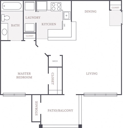 Floor plan for 1 bed, 1 bath, 803 sqft